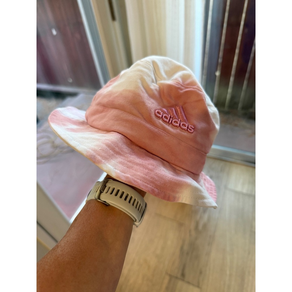Adidas Women Pink White Tie Dye Bucket Hat Embroidered Logo Sporty Streetwear